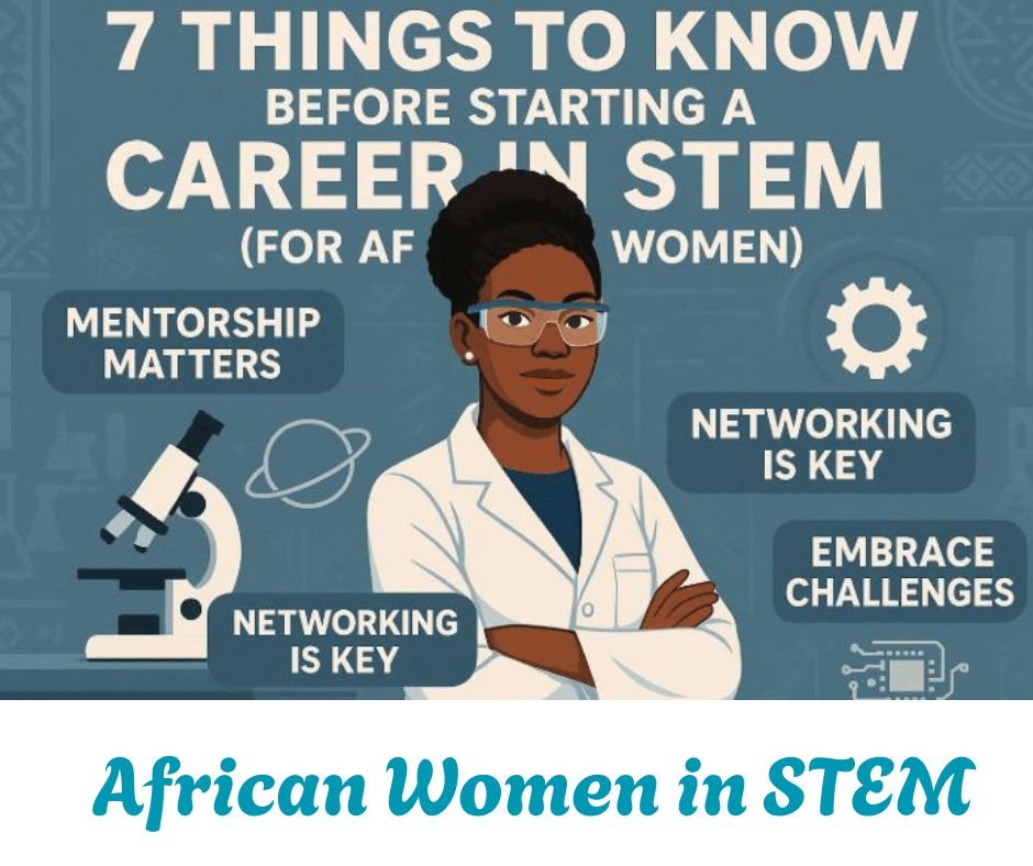 A_visually_striking_and_empowering_image_titled_7_Things_to_Know_Before_Starting_a_Career_in_STEM_For_African_Women_The_image_features_a_confident_African_woman_in_a_professional_STEM_setting_wearing_a_lab_coat